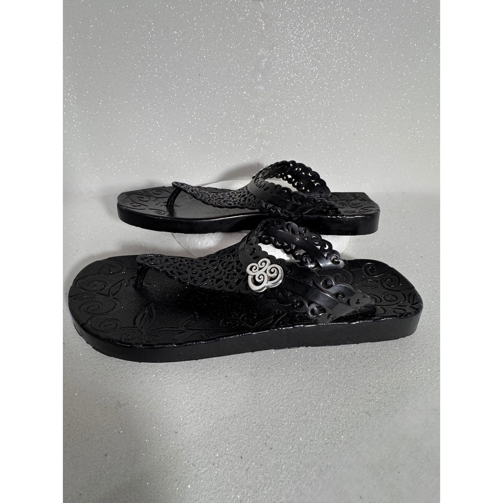 Brighton Black Rubber Filigree Thong Flip Flop Sandals Silver Scroll Hardware 6